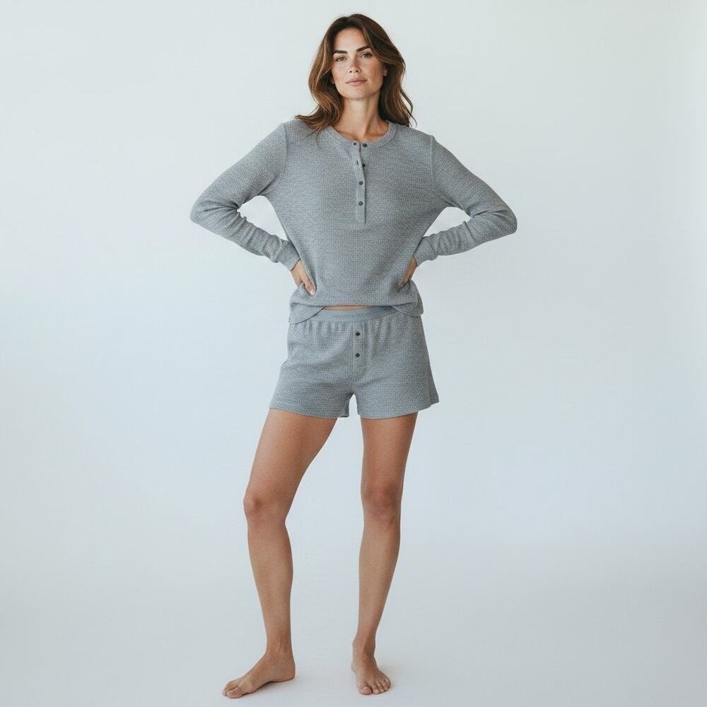 Victoria's Secret Gray Lounge Pajama Set Henley Top Shorts Women L